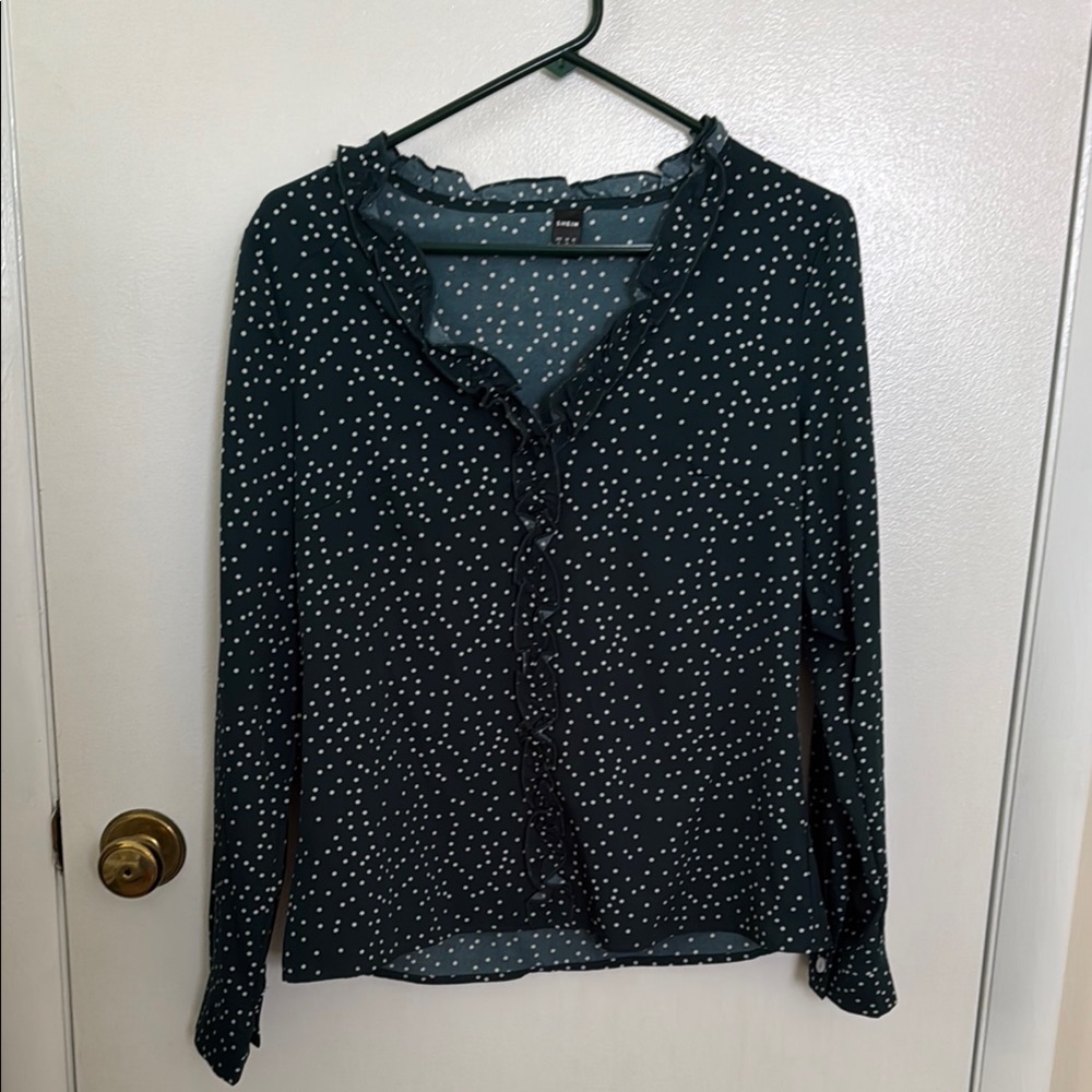 Green Long Sleeve Blouse with Mandarin Collar Small